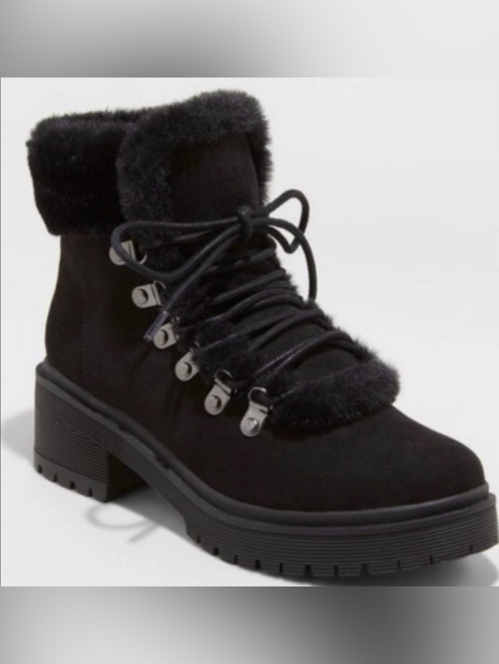 a new day Black Faux Fur Lace-Up Lug Heel Ankle Boots